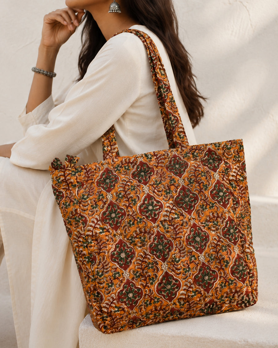 Brown Floral Jaal Block Printed Tote Bag | Cotton Quilted Shoulder Bag | Women's Travel Bag