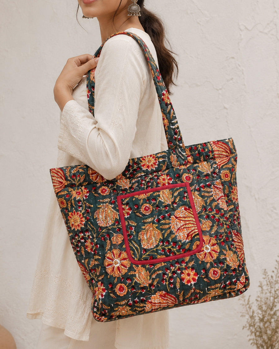 Green Floral Hand Block Print Tote Bag | Cotton Everyday Tote | Stylish Everyday Shoulder Bag