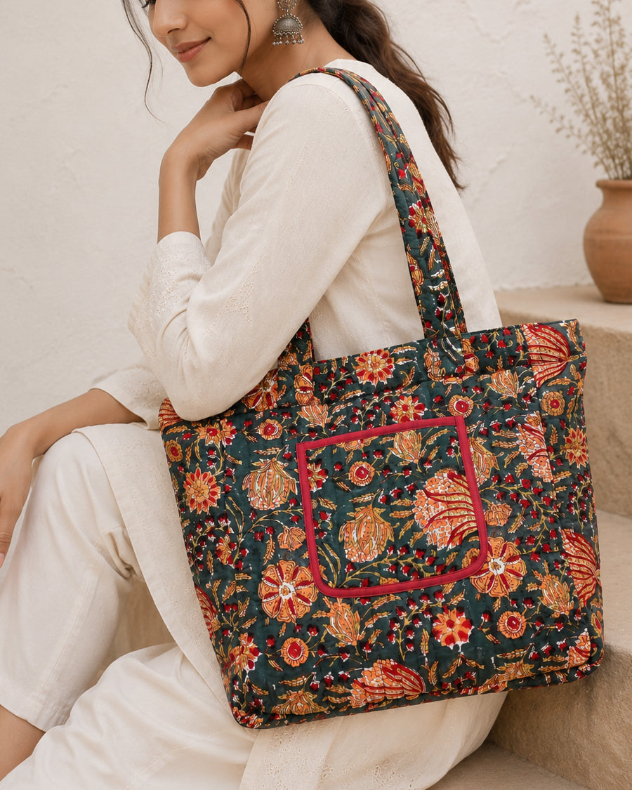 Green Floral Hand Block Print Tote Bag | Cotton Everyday Tote | Stylish Everyday Shoulder Bag