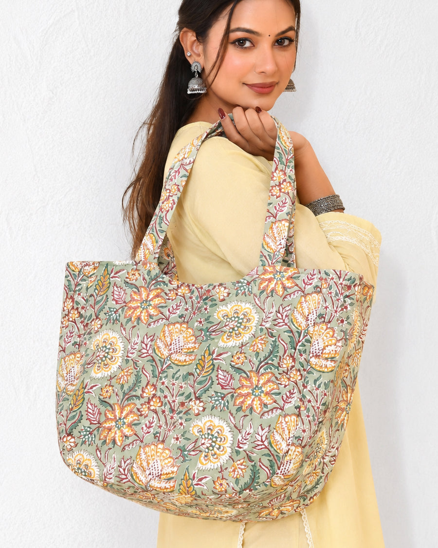 Green Floral Block Print Handbag | Canvas Handbag | Cotton Shopping & Office Bag
