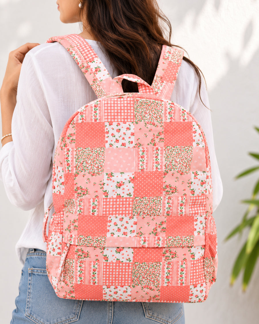 Peach Patchwork Big Backpack | Canvas Backpack For Women | Everyday Travel Backpack