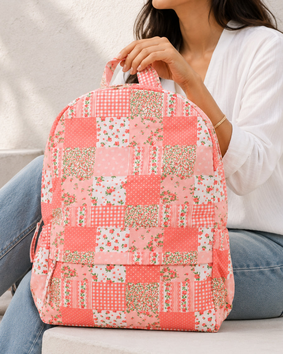 Peach Patchwork Big Backpack | Canvas Backpack For Women | Everyday Travel Backpack