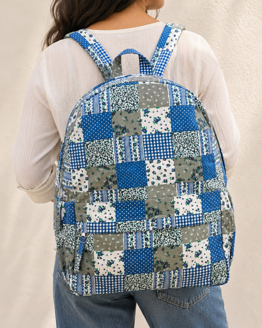 Blue Patchwork Big Backpack | College & Office Backpack | Canvas Laptop Backpack