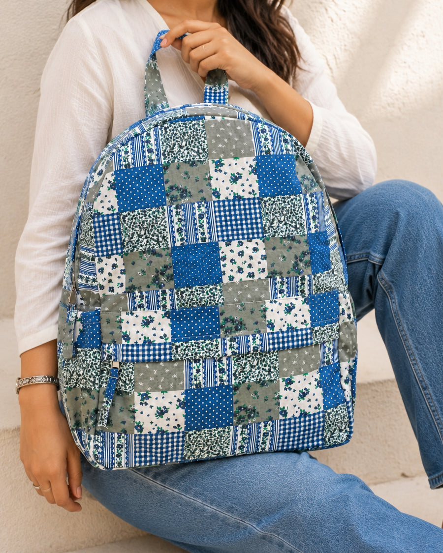 Blue Patchwork Big Backpack | College & Office Backpack | Canvas Laptop Backpack