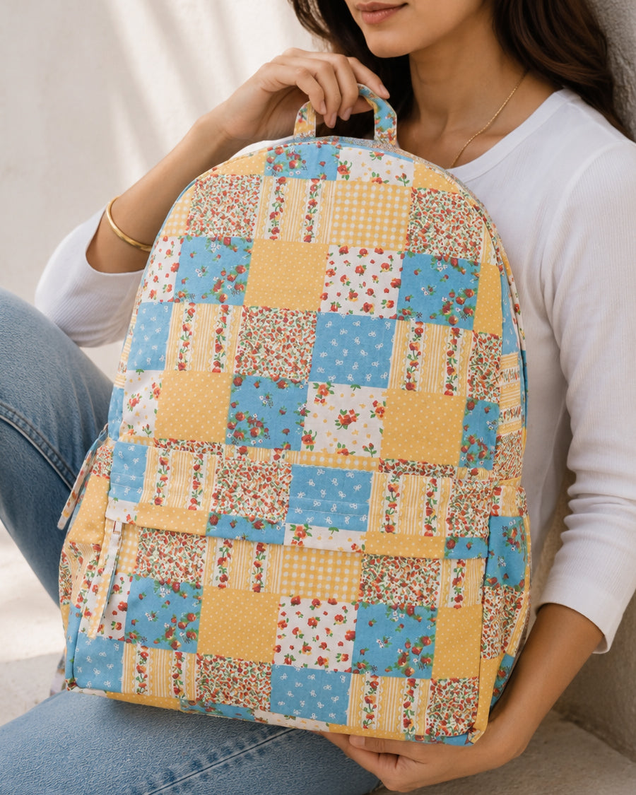 Yellow & Blue Patchwork Big Backpack | Lightweight Canvas Casual Backpack | Laptop Backpack