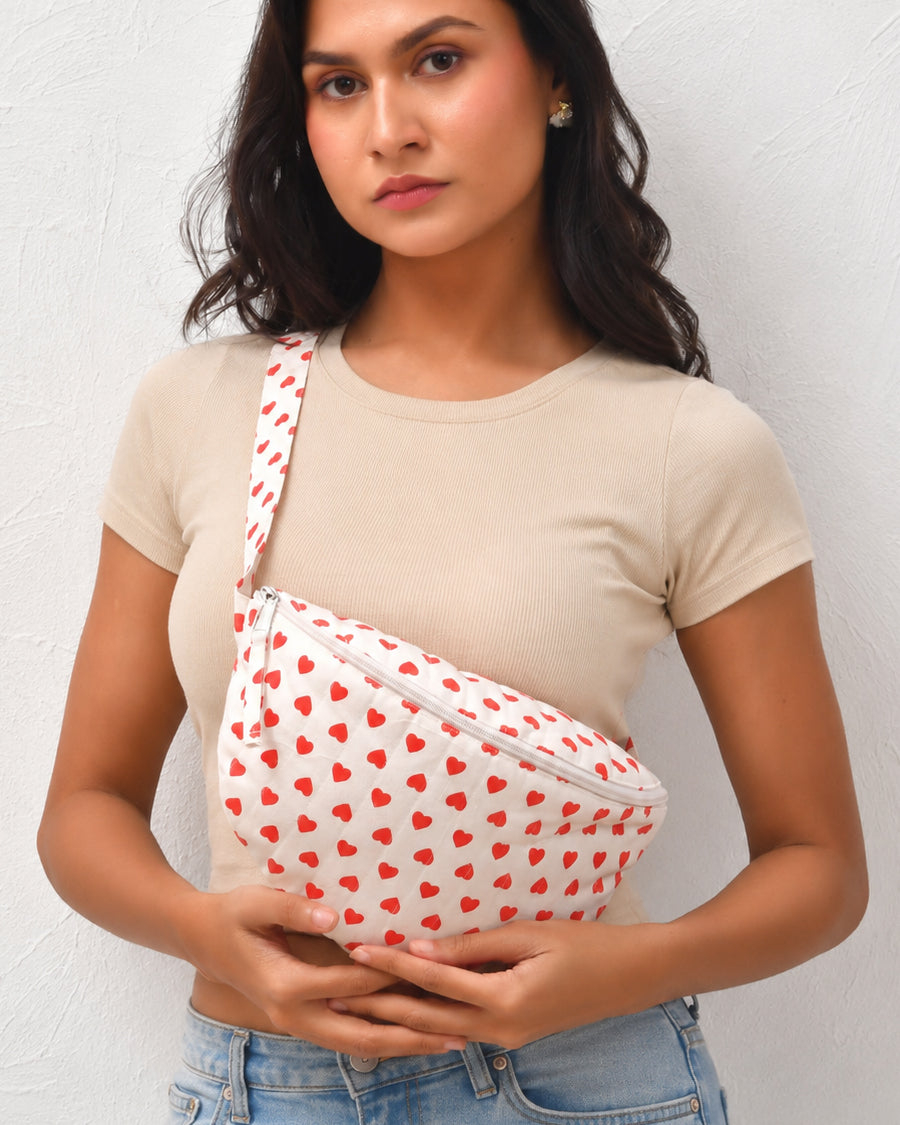 Red Heart Crossbody Banana Bag | Quilted Sling Bag For Women | Canvas Everyday Bag