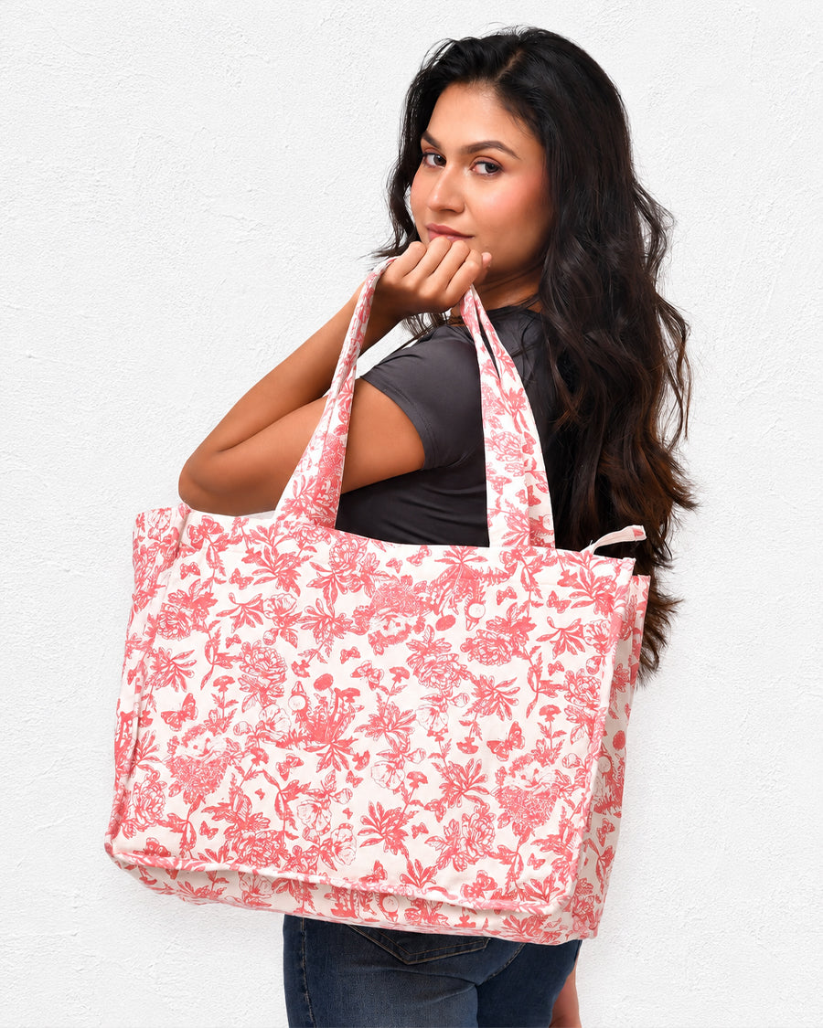 Pink Jungle Box Bag | Canvas Laptop Bag For Women | Large Office & Travel Bag