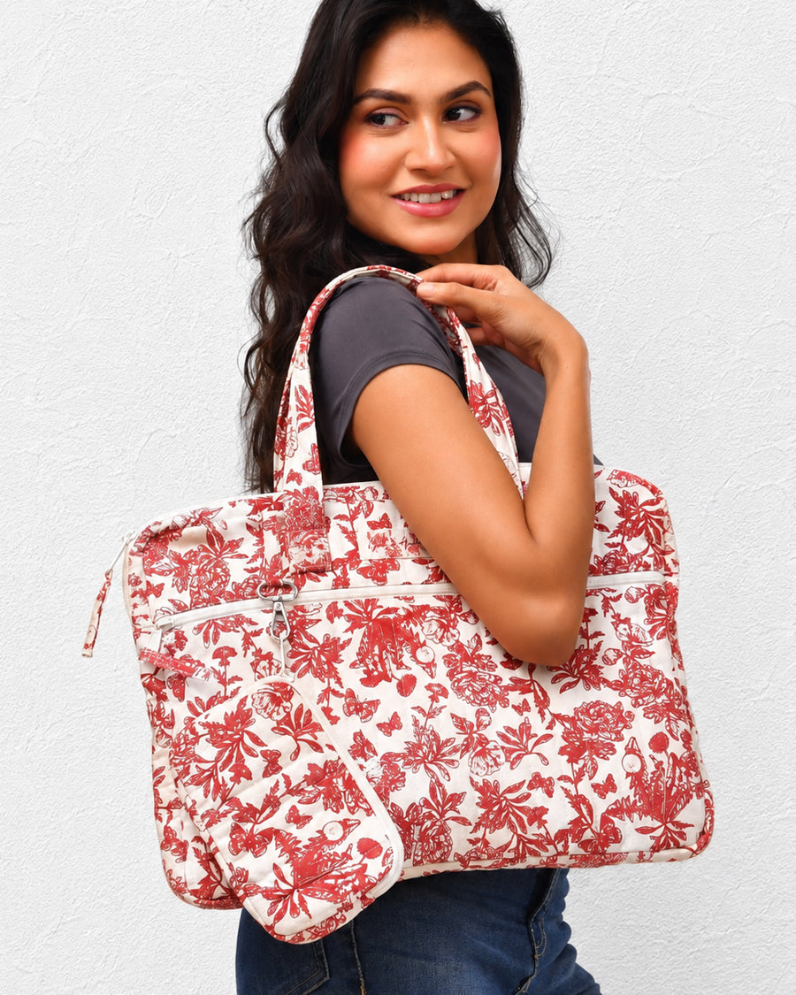 Red Jungle Laptop Handbag | Padded Canvas Bag For Office | Laptop Bag with Detachable Pouch
