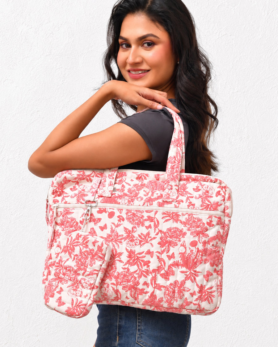 Pink Jungle Laptop Handbag | Canvas Handbag For Women | Quilted Laptop Bag For Office