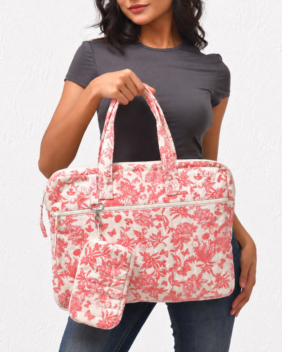 Pink Jungle Laptop Handbag | Canvas Handbag For Women | Quilted Laptop Bag For Office
