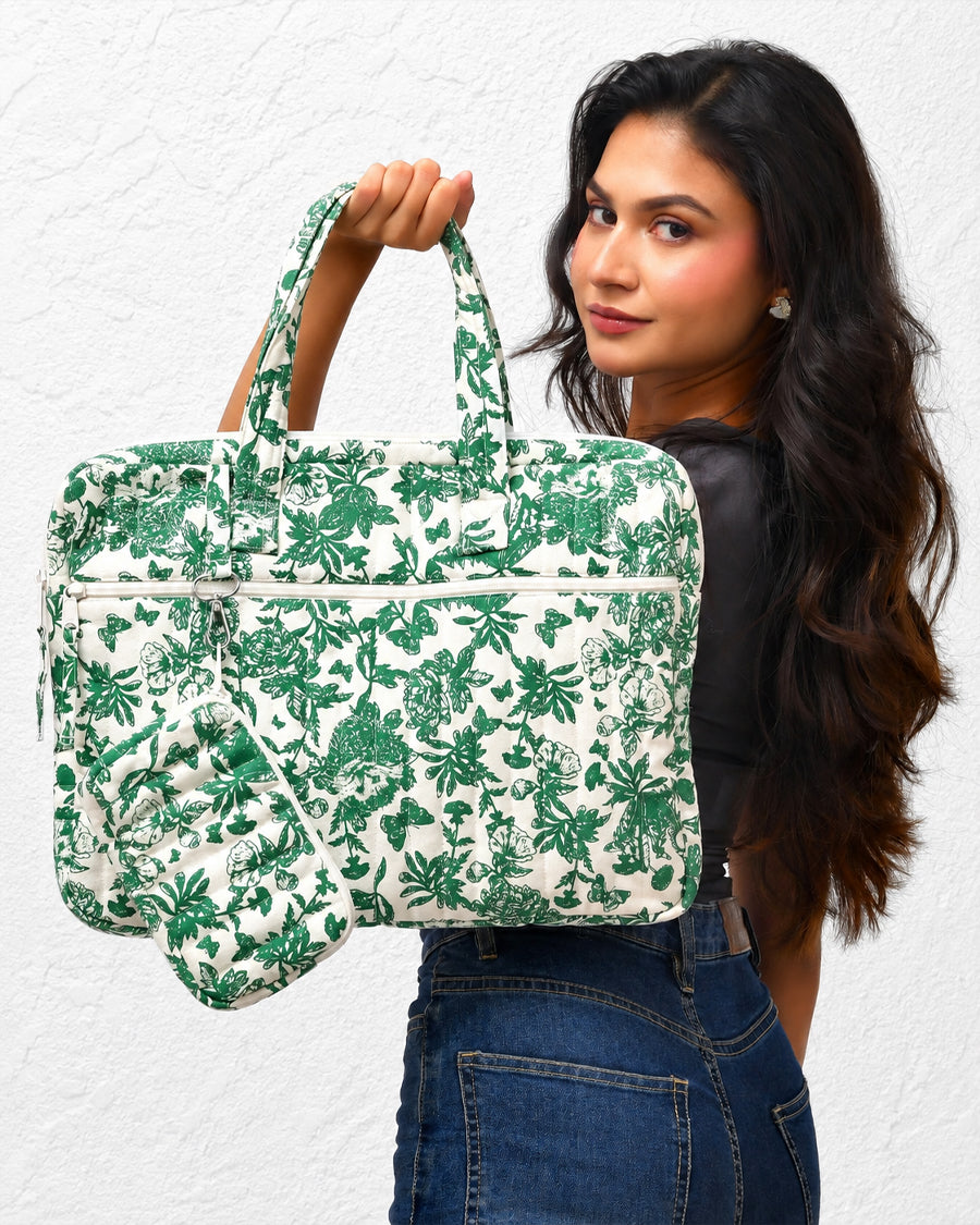 Green Jungle Laptop Handbag | Women's Quilted Office Bag | Laptop Case with Detachable Pouch