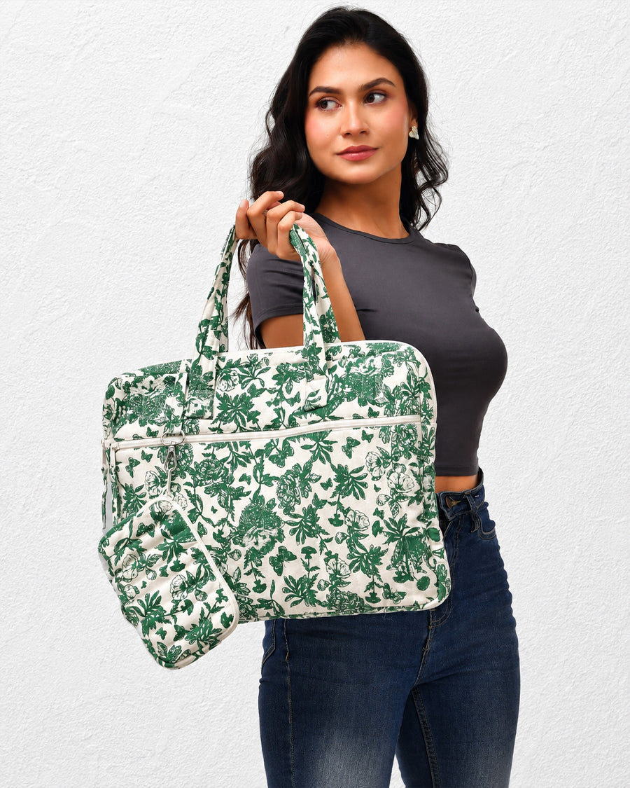 Green Jungle Laptop Handbag | Women's Quilted Office Bag | Laptop Case with Detachable Pouch