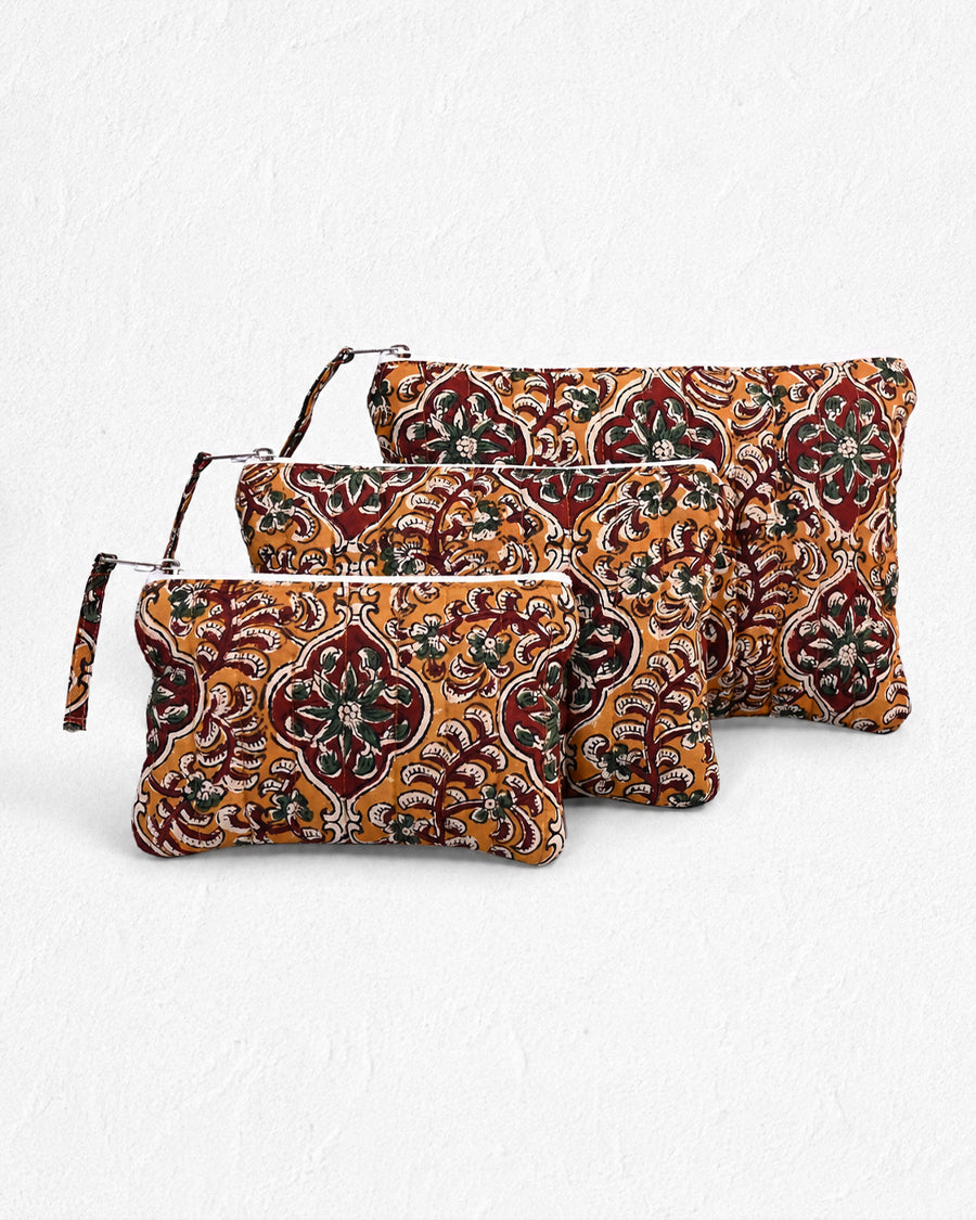 Brown Floral Jaal Block Printed Set of 3 Pouch | Cotton Travel Pouch Set | Quilted Organizer