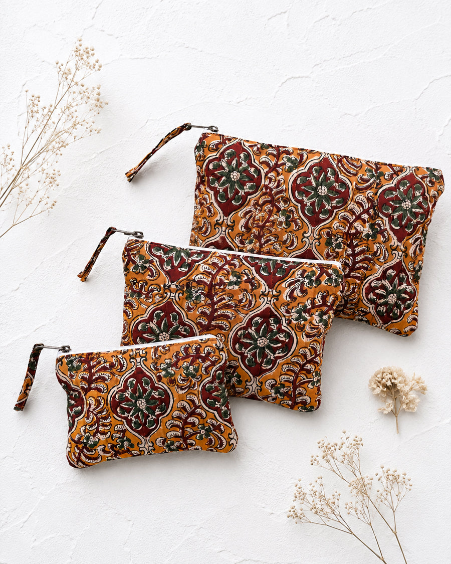 Brown Floral Jaal Block Printed Set of 3 Pouch | Cotton Travel Pouch Set | Quilted Organizer