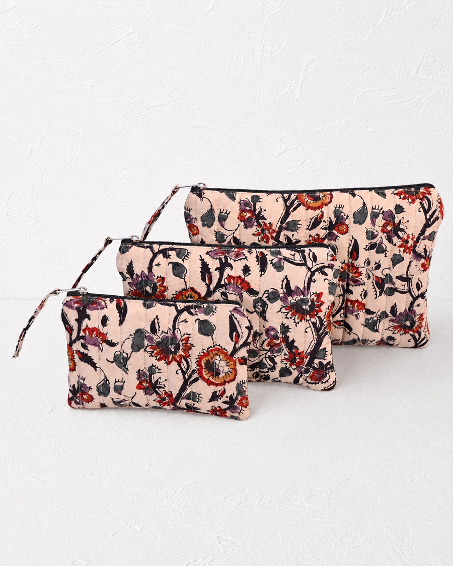 Bagru Floral Block Print Set of 3 Pouch | Quilted Multipurpose Pouch Set | Cotton Zip Pouches