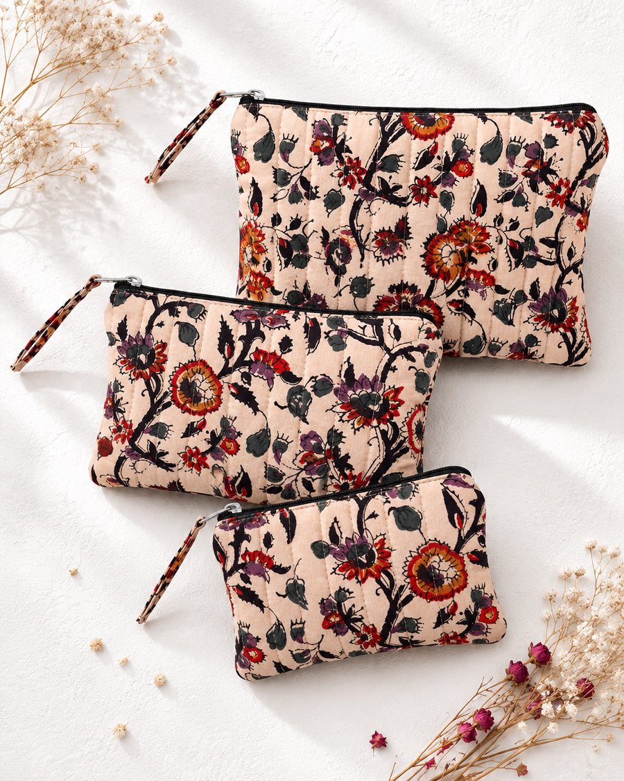 Bagru Floral Block Print Set of 3 Pouch | Quilted Multipurpose Pouch Set | Cotton Zip Pouches