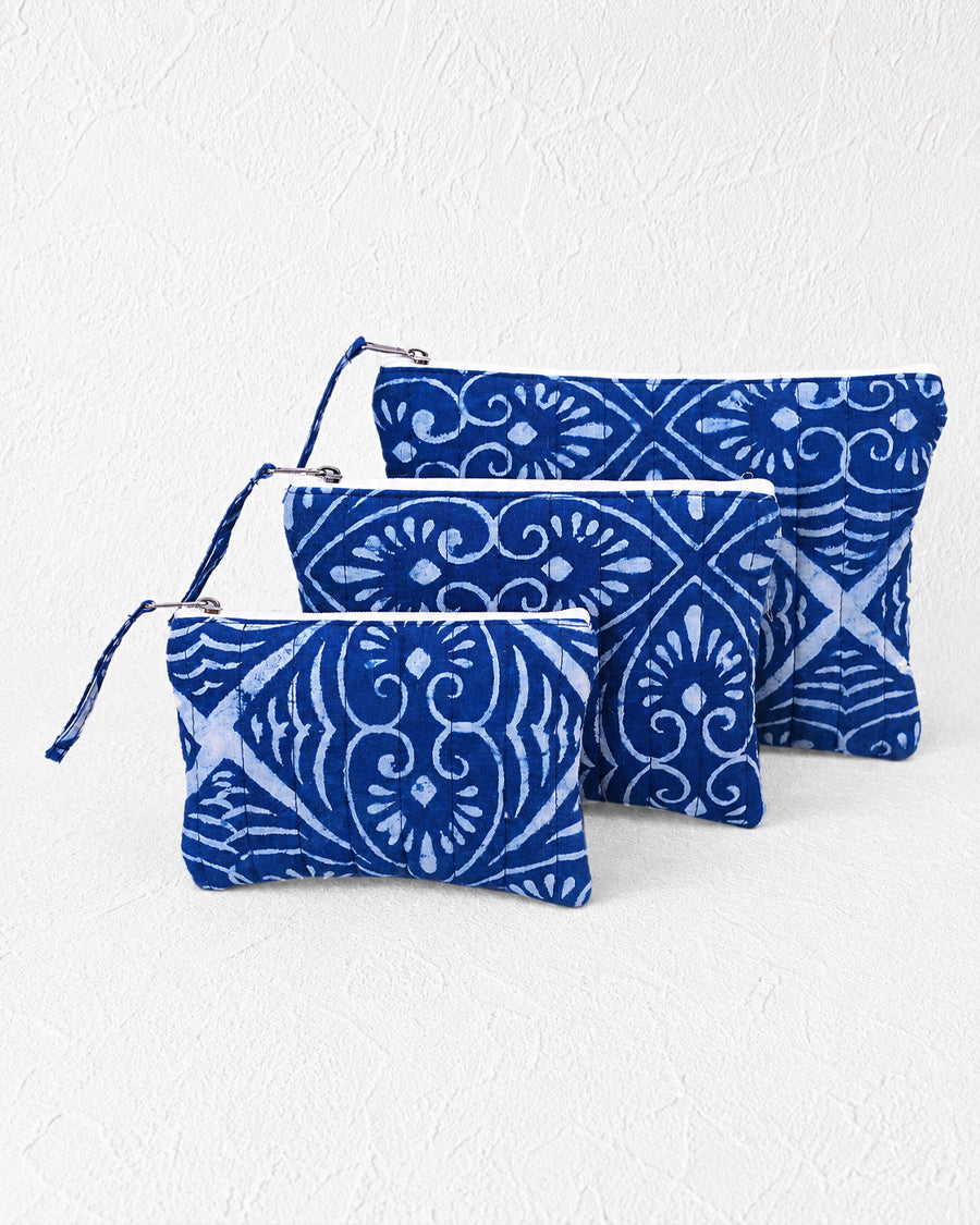 Indigo Print Pouch Set of 3 | Quilted Travel Organizer | Travel, Makeup & Accessories Organizer