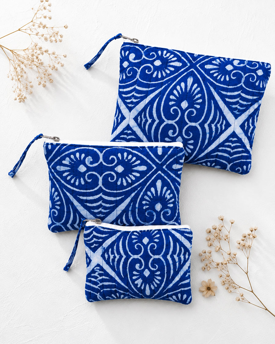 Indigo Print Pouch Set of 3 | Quilted Travel Organizer | Travel, Makeup & Accessories Organizer