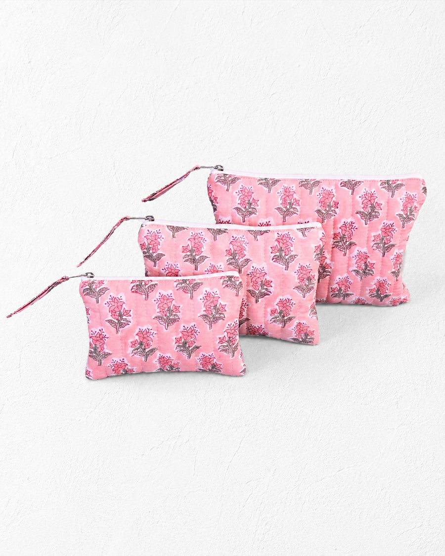 Pink Floral Block Print Set of 3 Pouch | Quilted Zip Organizer | Multipurpose Travel Pouches