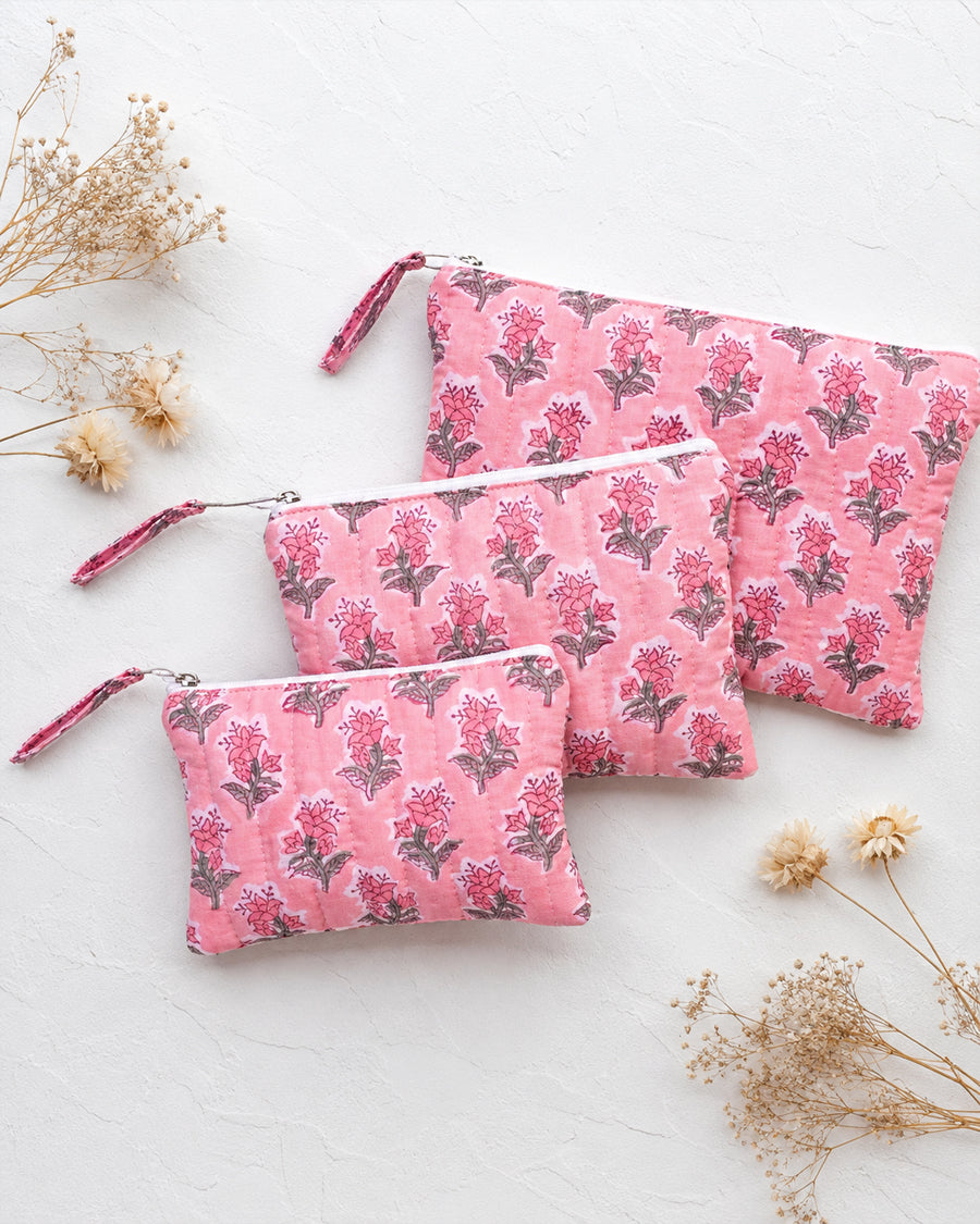 Pink Floral Block Print Set of 3 Pouch | Quilted Zip Organizer | Multipurpose Travel Pouches
