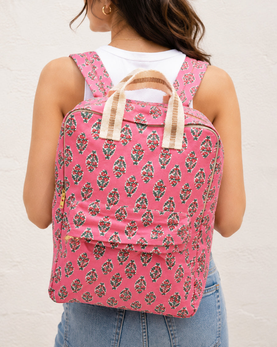 Pink Floral Block Print Medium Backpack | Canvas Backpack For Women | Laptop & Travel Backpack
