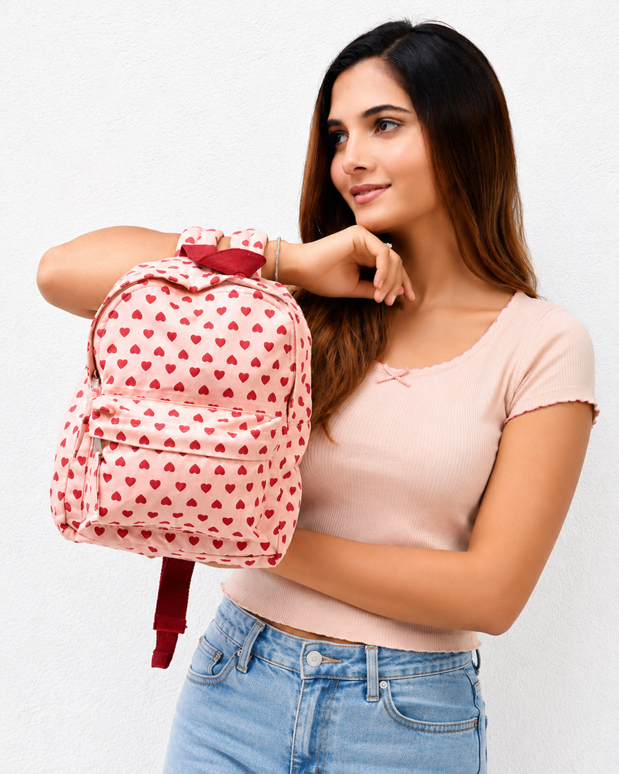 Red Heart Print Small Backpack | Canvas Backpack For Women | Lightweight Casual Backpack