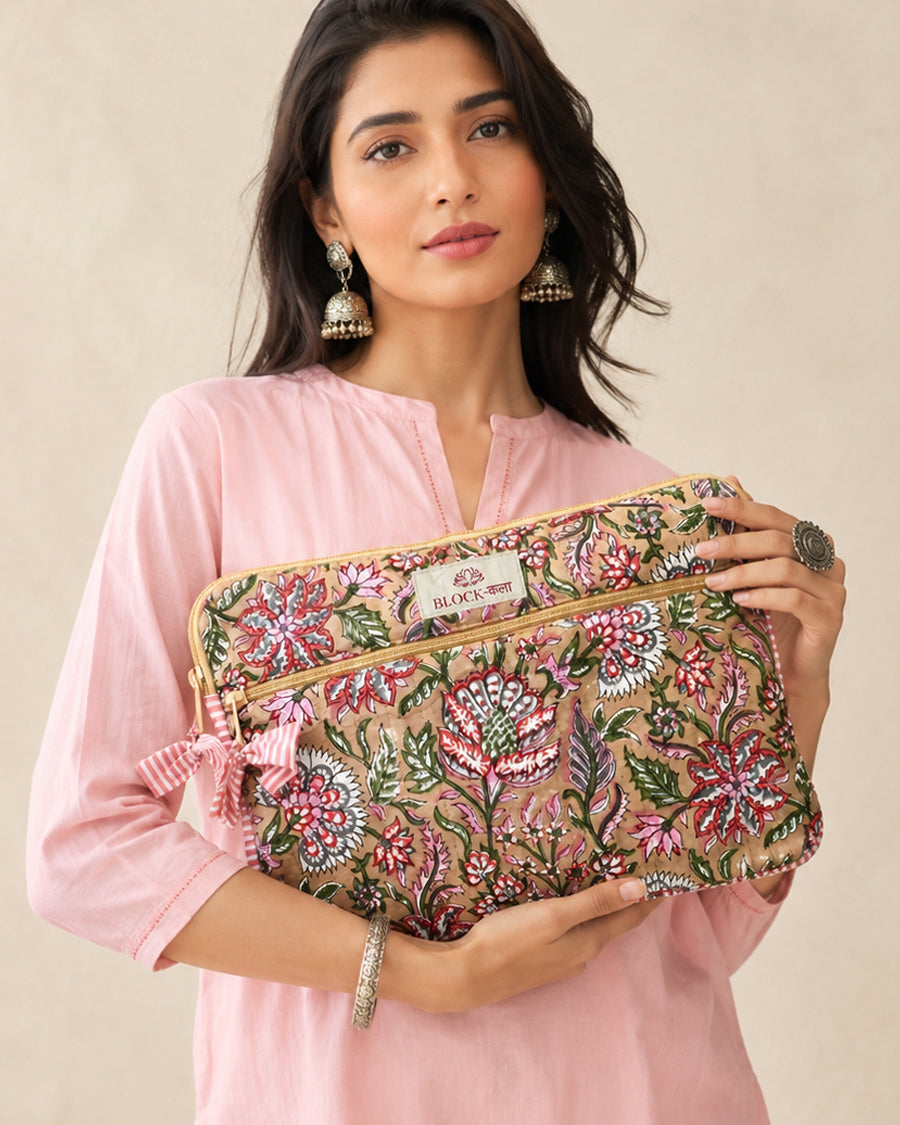 Beige Floral Hand Block Printed Laptop/iPad Sleeve | Padded Laptop Sleeve| 11-16 inch