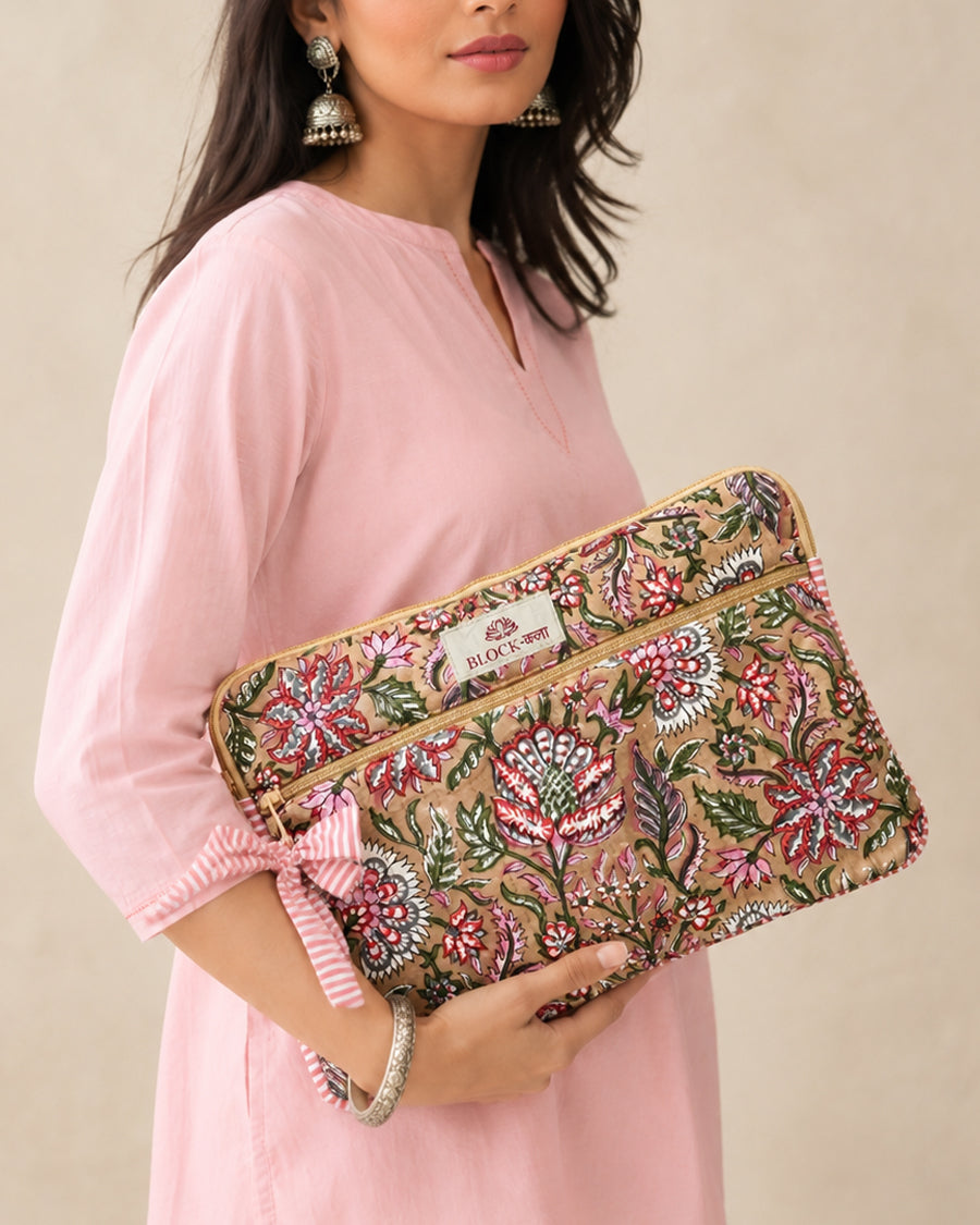 Beige Floral Hand Block Printed Laptop/iPad Sleeve | Padded Laptop Sleeve| 11-16 inch