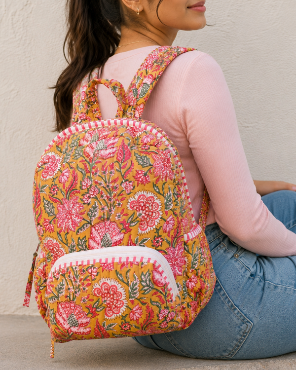 Yellow Block Print Quilted Backpack