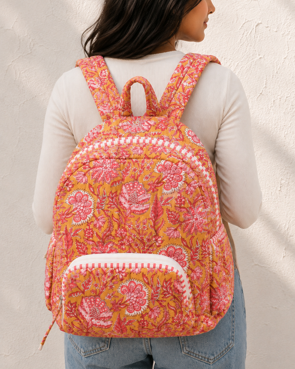 Yellow Pink Floral Quilted Backpack