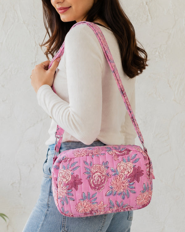Pink Floral Quilted Sling Bag