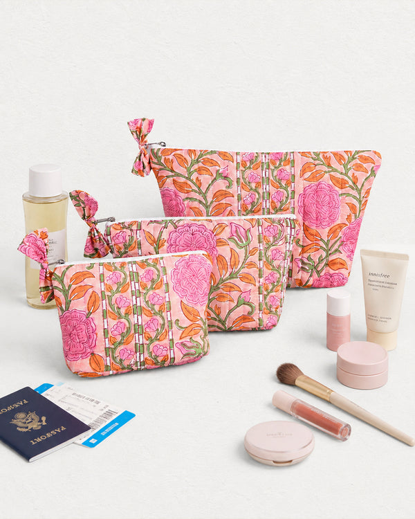 Pink Floral Quilted Pouch Set