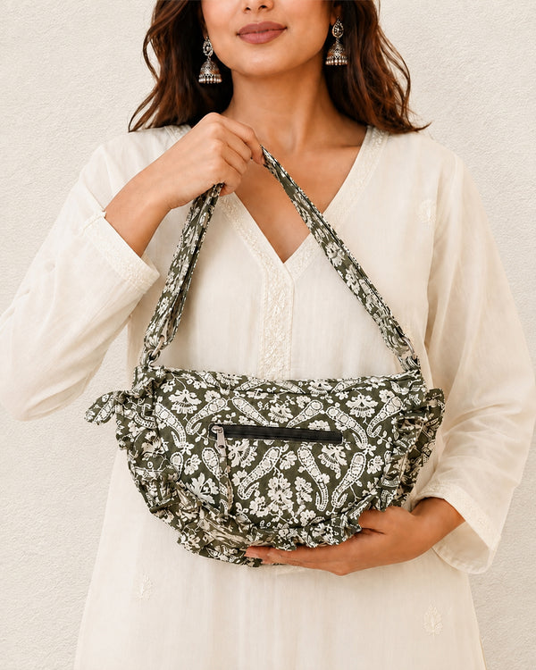Green Paisley Ruffle Sling Bag | Women's Floral Half Moon Bag