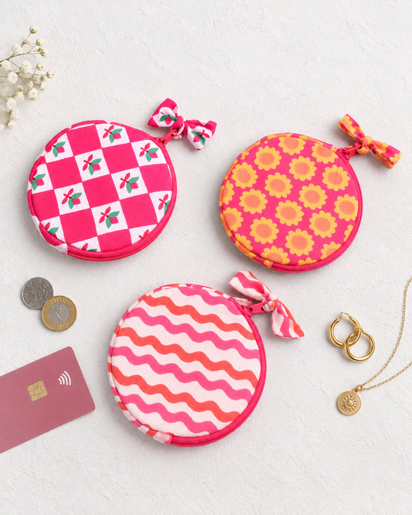 Printed Round Mini Pouches (Set of 3) | Compact Storage Pouches