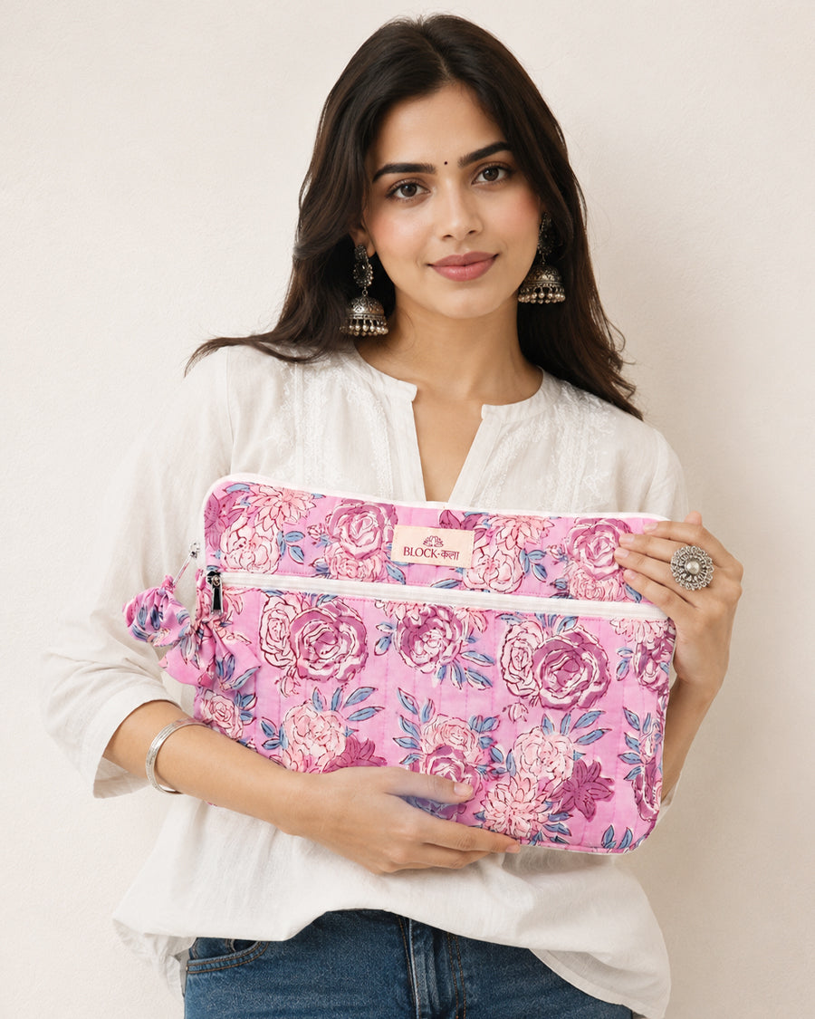 Pink Floral Hand Block Printed Laptop/ iPad Sleeve | Quilted Cotton Laptop Cover | 11-16 inch