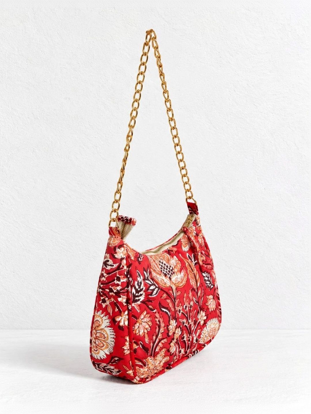 Floral Quilted Half Moon Bag – Red block print shoulder bag