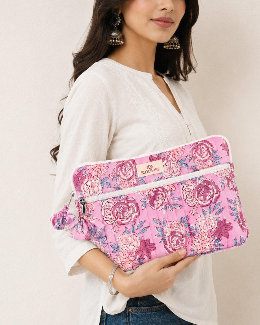 Pink Floral Hand Block Printed Laptop/ iPad Sleeve | Quilted Cotton Laptop Cover | 11-16 inch
