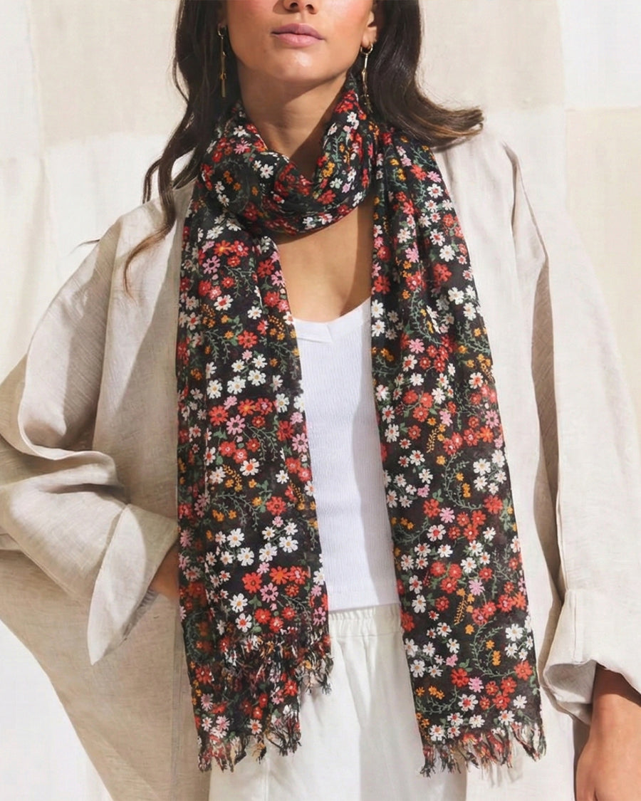 Black Multi Floral Summer Scarf | Women's Cotton Scarf | Long Hijab For Women