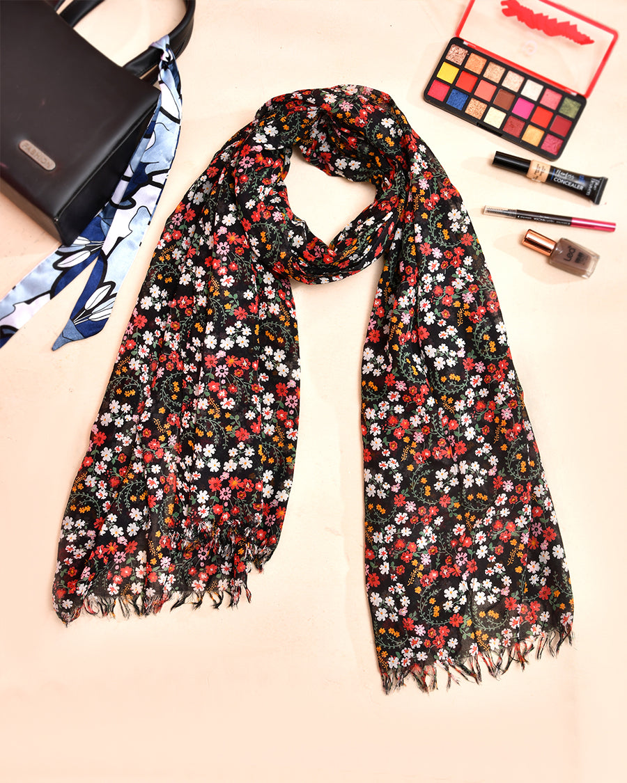 Black Multi Floral Summer Scarf | Women's Cotton Scarf | Long Hijab For Women
