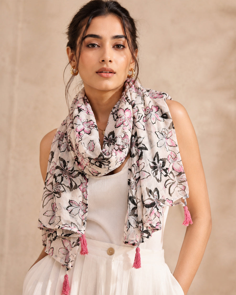 White Floral Summer Scarf | Soft Cotton Neck Scarf | Long Printed Stole