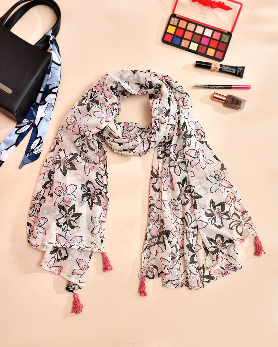 White Floral Summer Scarf | Soft Cotton Neck Scarf | Long Printed Stole