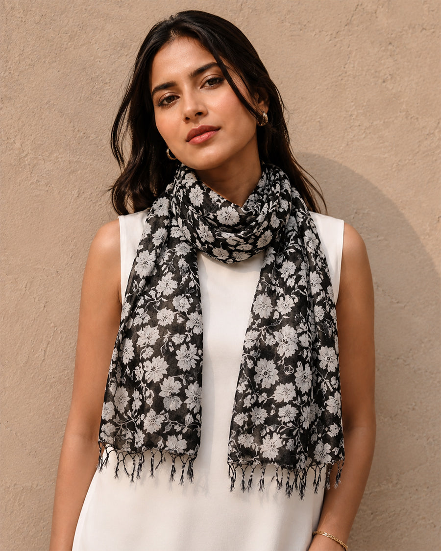Black Floral Summer Scarf | Lightweight Floral Women's Scarf | Long Neck Scarf
