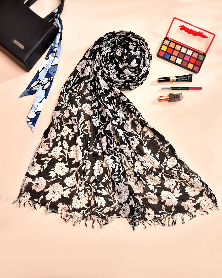 Black Floral Summer Scarf | Lightweight Floral Women's Scarf | Long Neck Scarf
