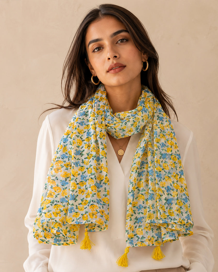 Yellow Floral Summer Scarf | Cotton Long Scarf | | Elegant Everyday Scarf