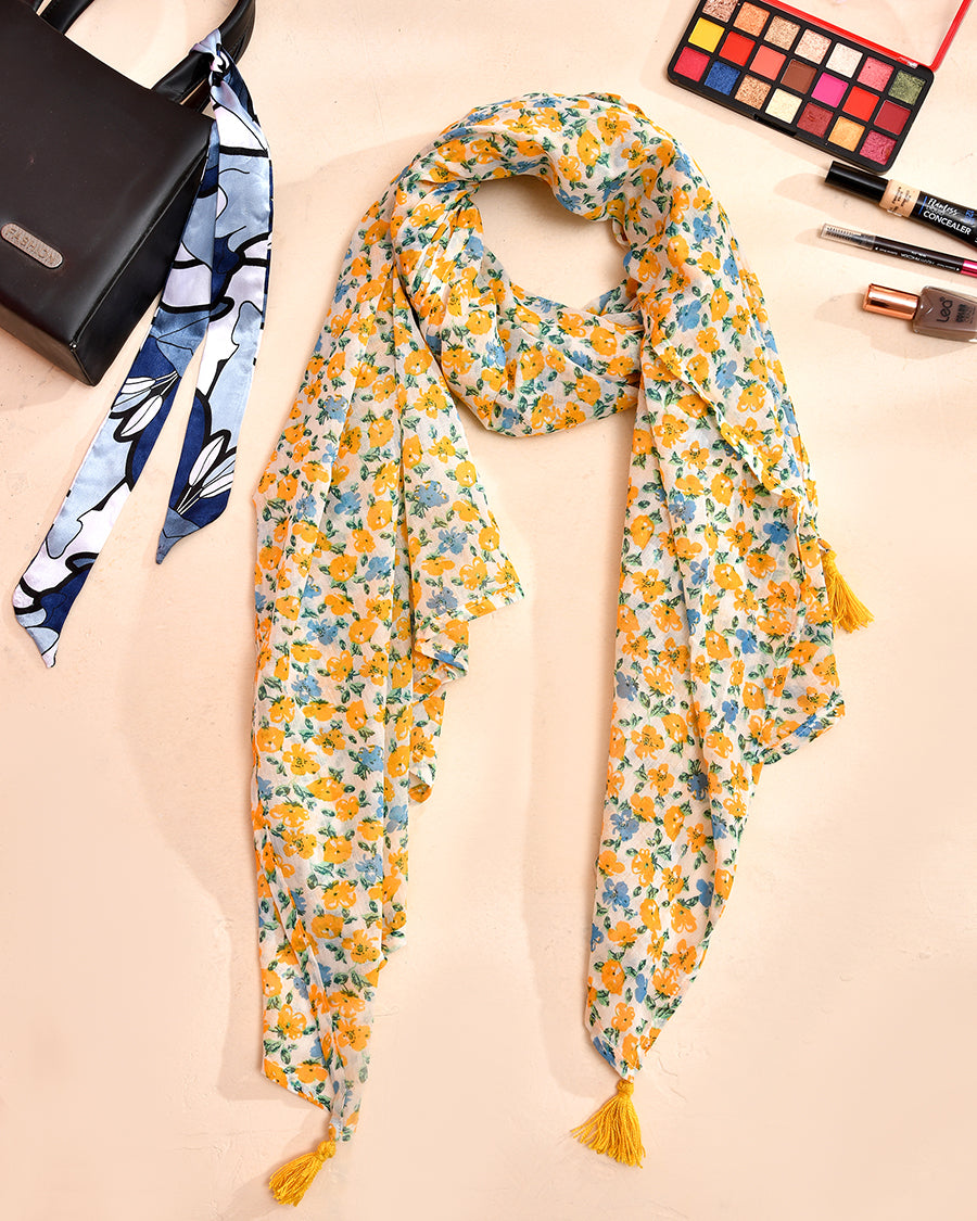 Yellow Floral Summer Scarf | Cotton Long Scarf | | Elegant Everyday Scarf
