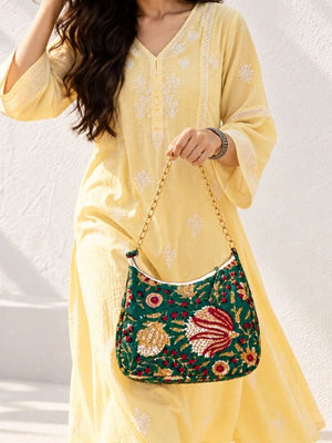 Floral Quilted Half Moon Bag – Green block print shoulder bag