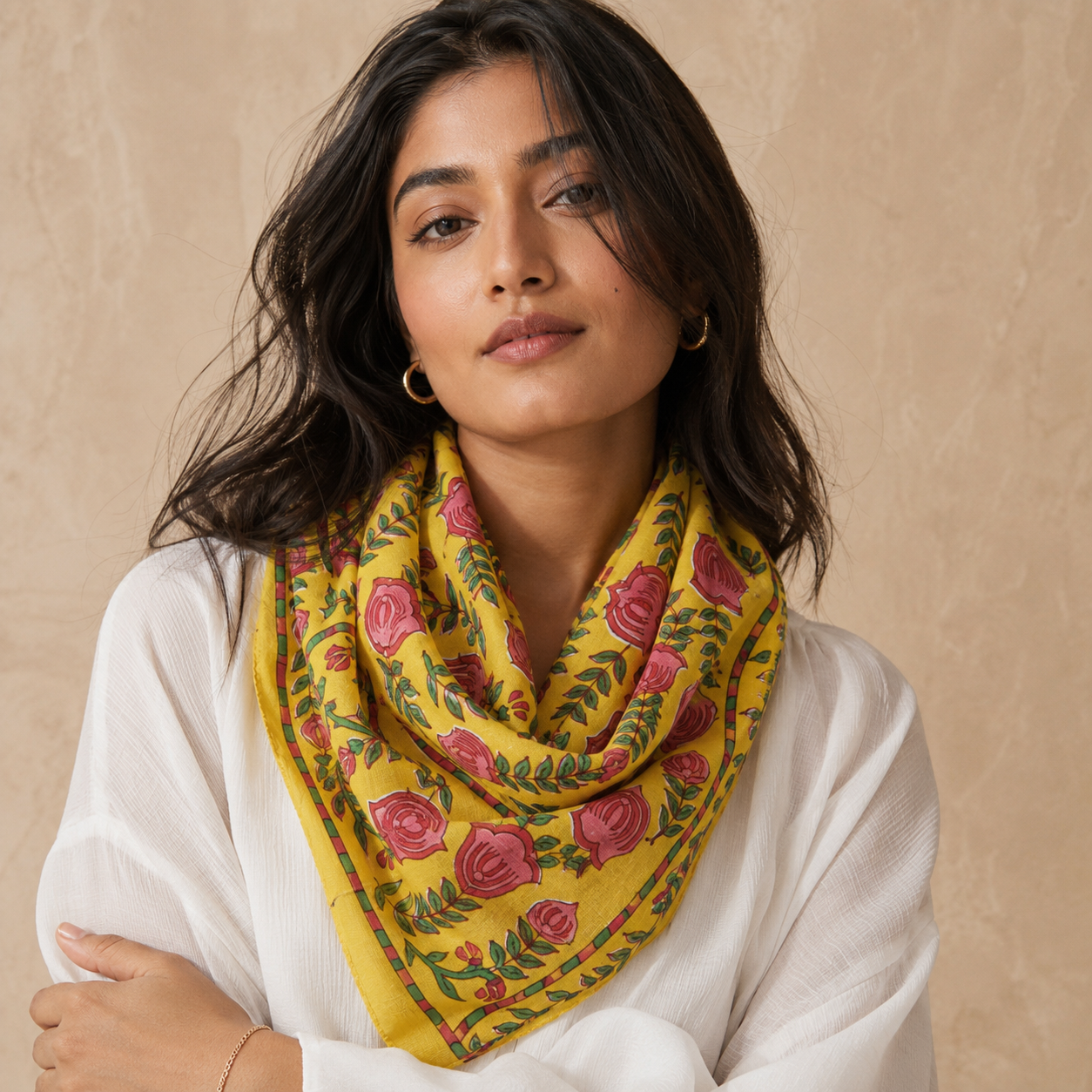 Yellow Floral Square Scarf | Soft Cotton Scarf | Lightweight Floral Women's Scarf