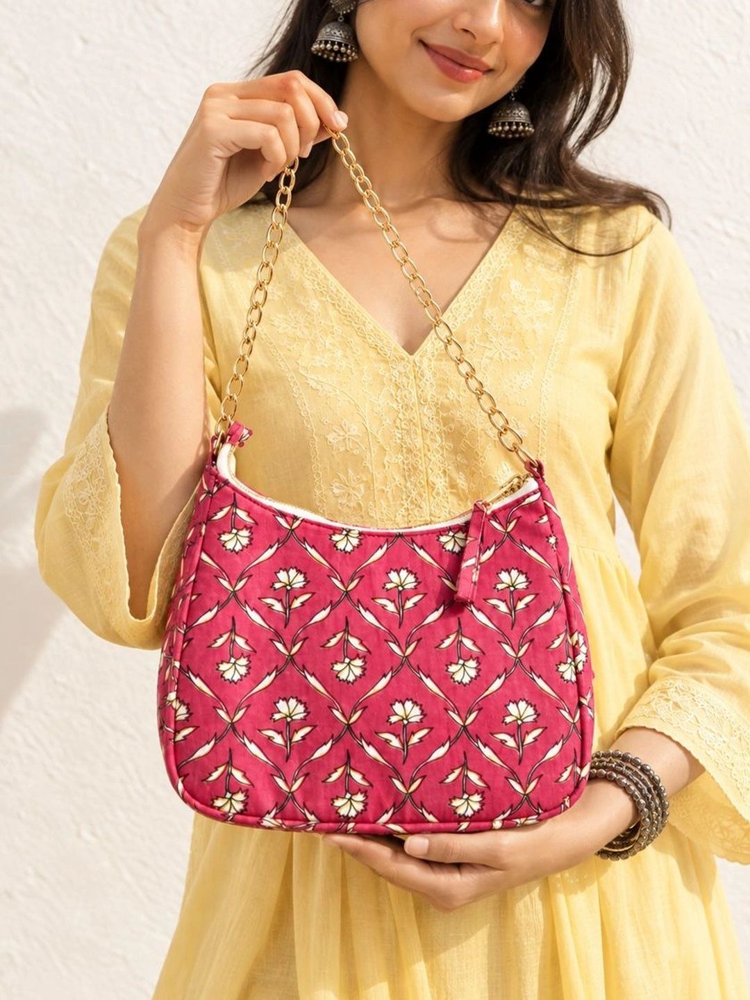 Floral Quilted Half Moon Bag – Pink block print shoulder bag