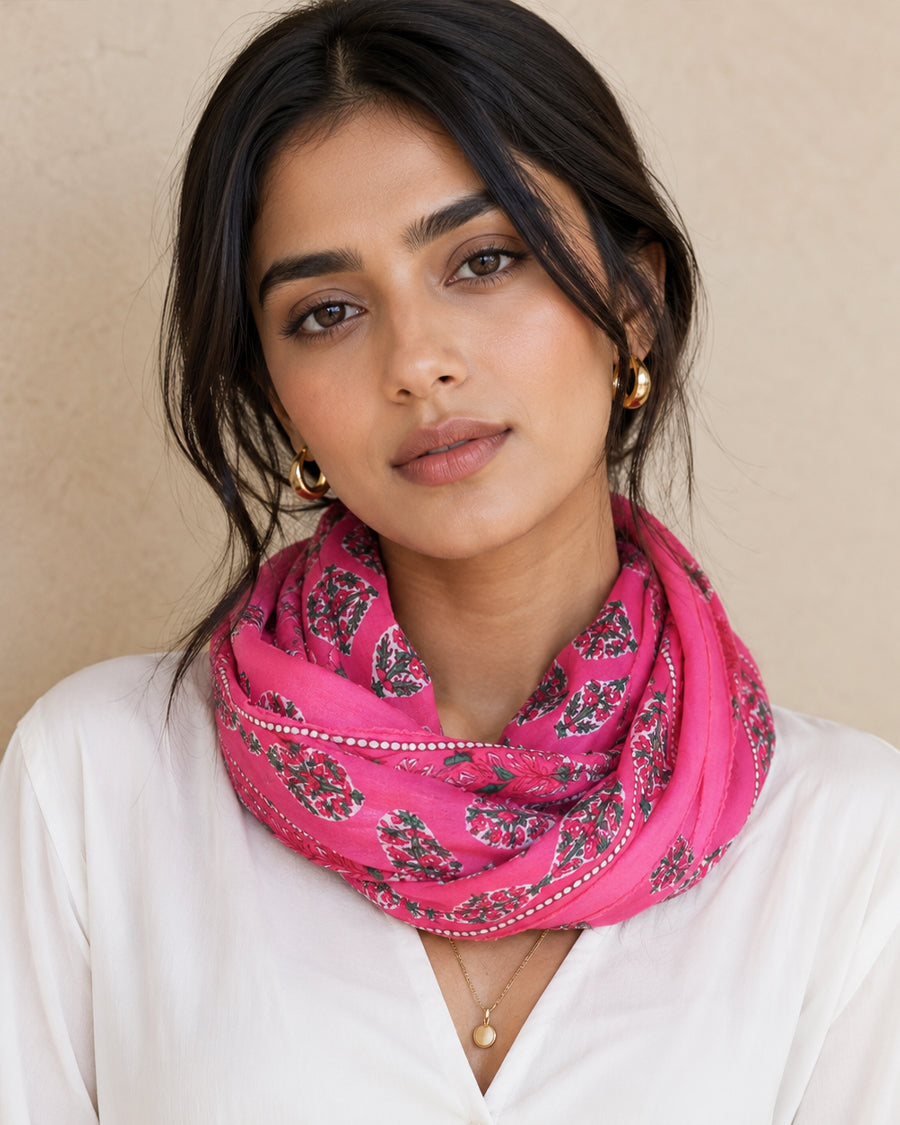 Pink Floral Square Scarf | Cotton Scarf For Women | Lightweight Summer Scarf
