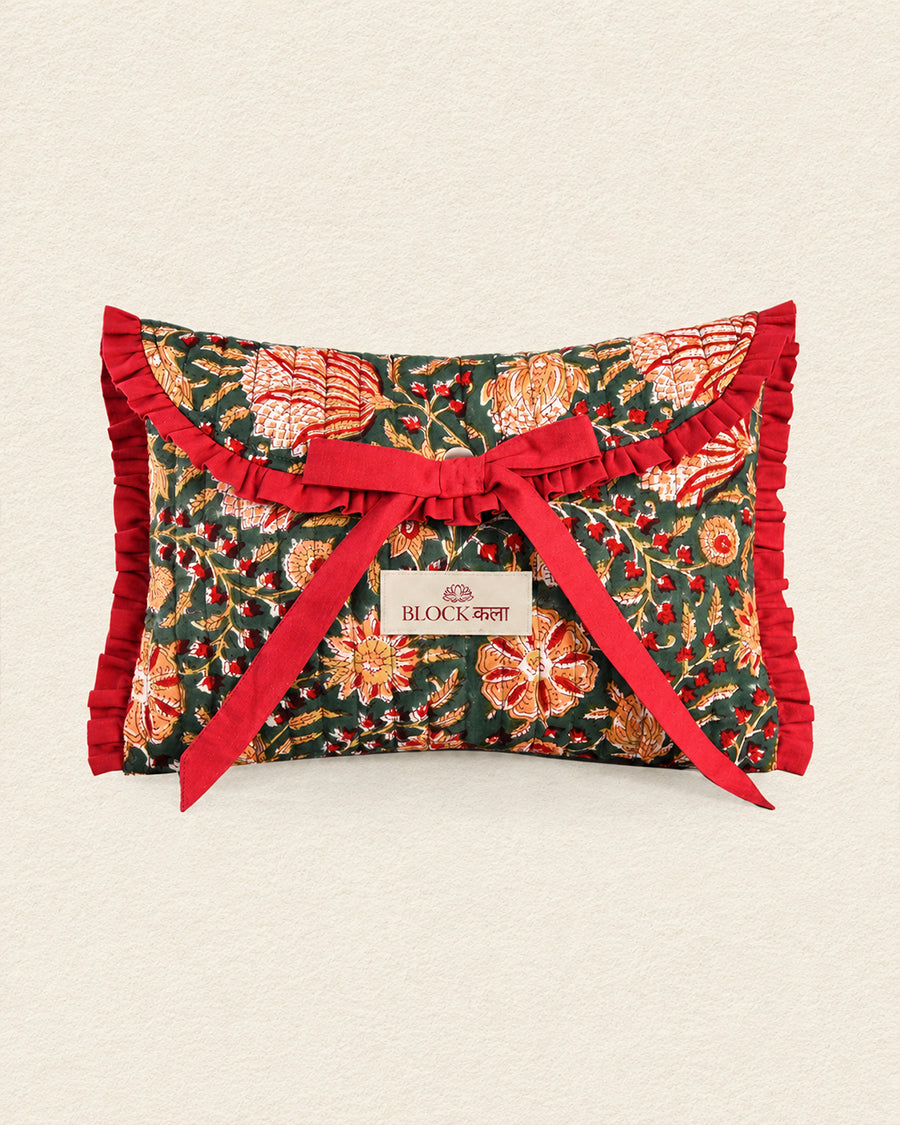 Dark Green Floral Hand Block Printed Laptop/ iPad Sleeve | Quilted Case | 11 to 16 inch